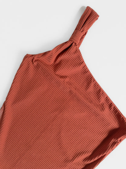 One Sleeve Ribbed Bodysuit in Burnt Ochre