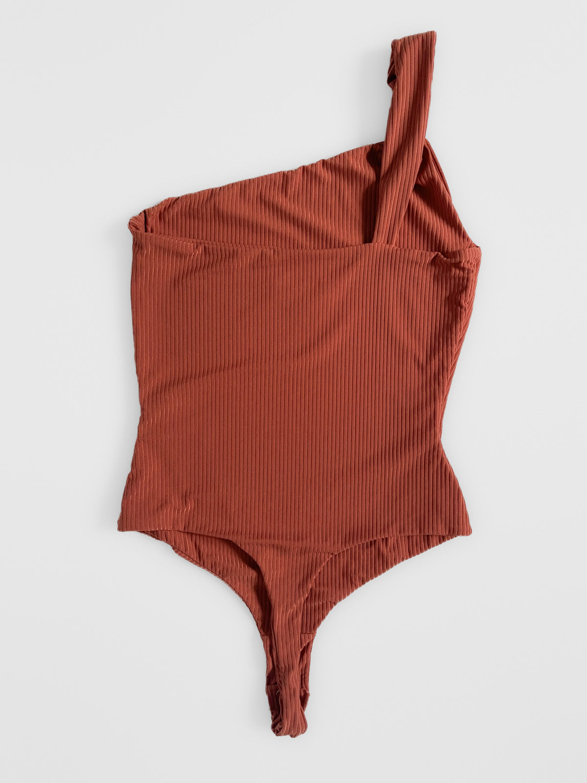 One Sleeve Ribbed Bodysuit in Burnt Ochre