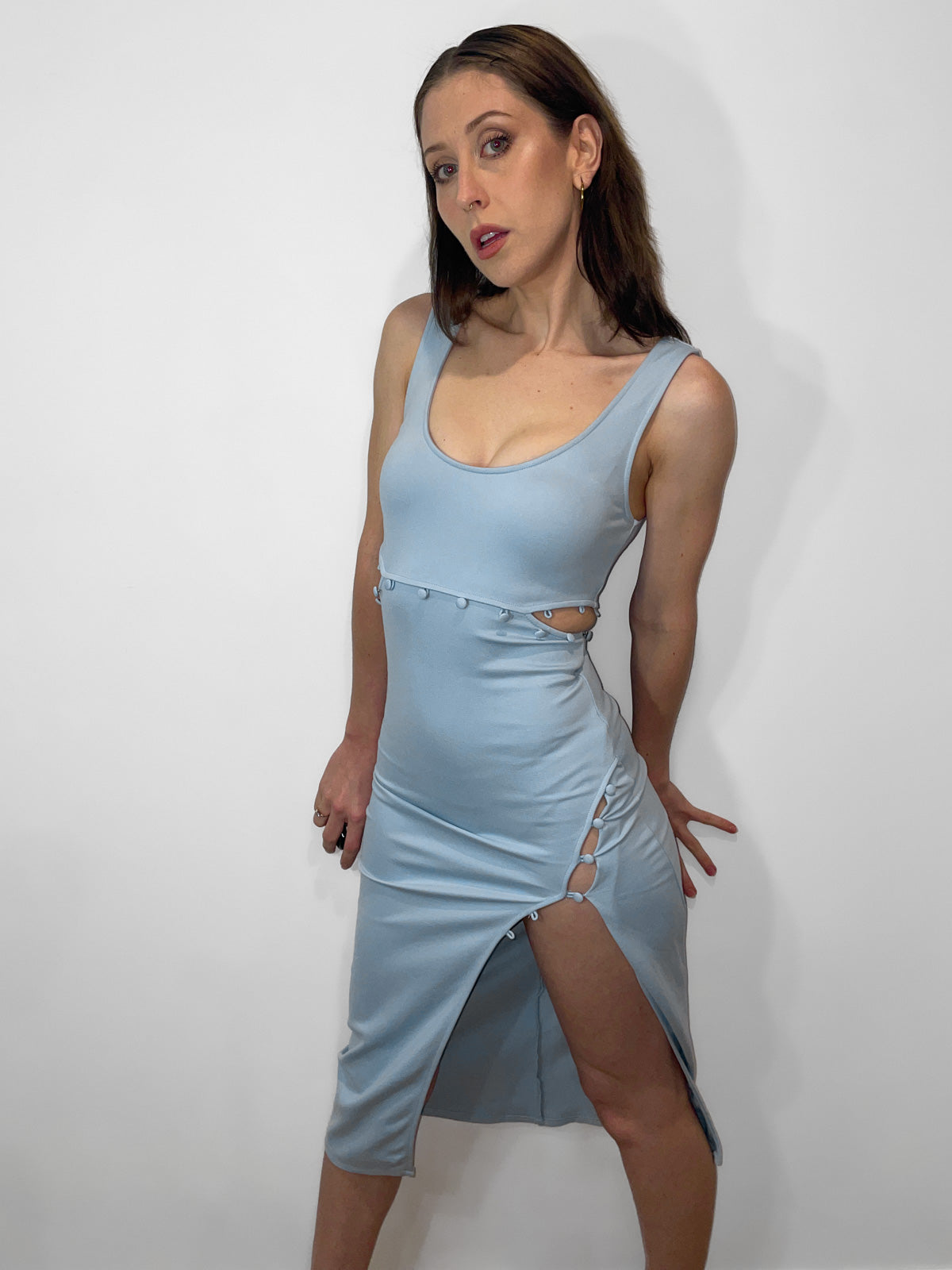 "Samiah Dress" Baby Blue Bodycon Midi Dress with Cutout and Button Details