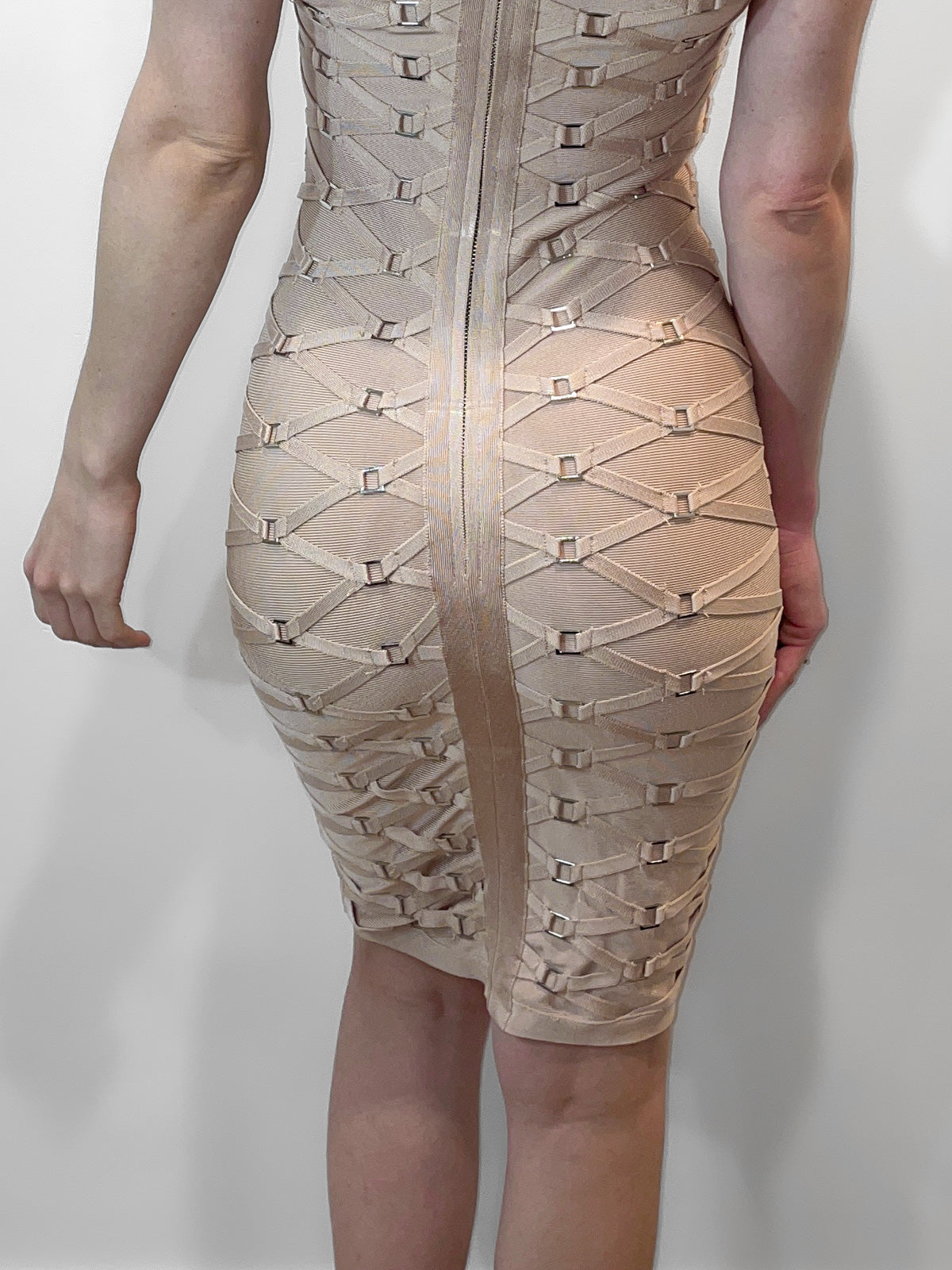 Mock Neck Buckle Bandage Dress in Dusty Pink Peach