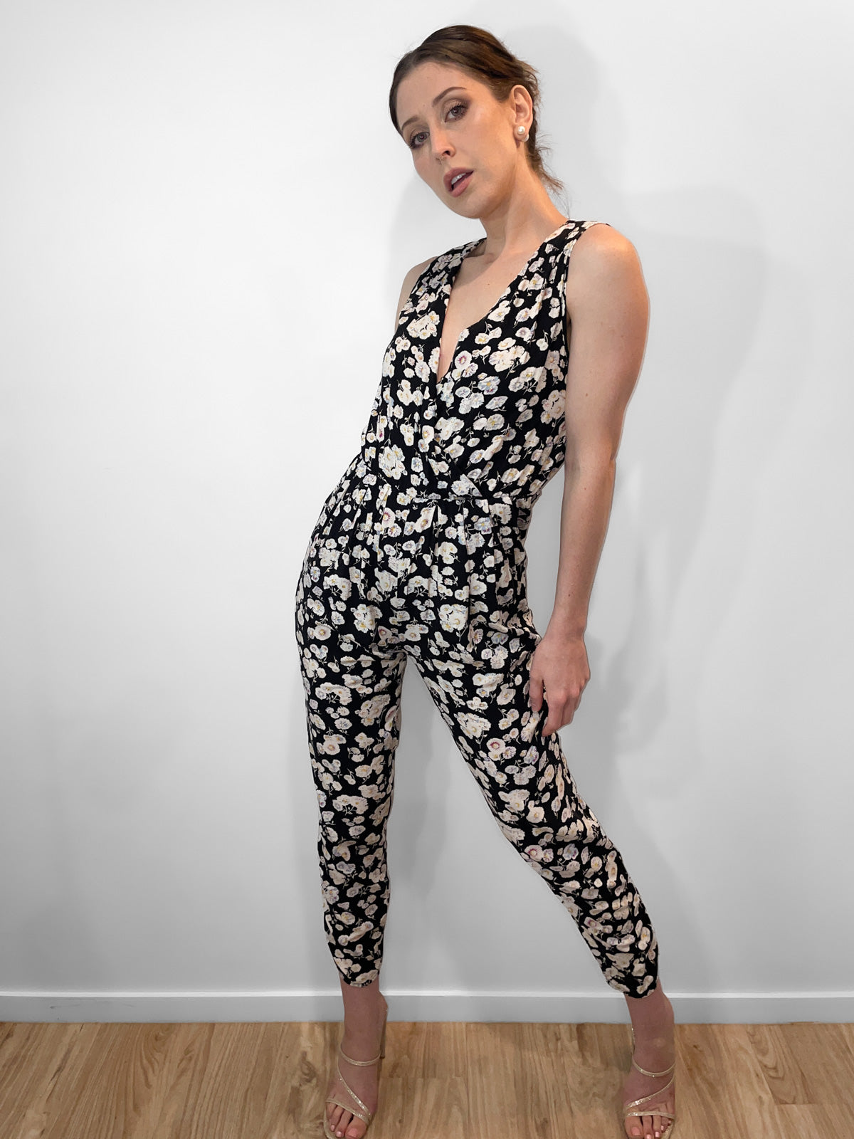 Soft Sleeveless Jumpsuit in Black Floral