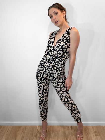 Soft Sleeveless Jumpsuit in Black Floral