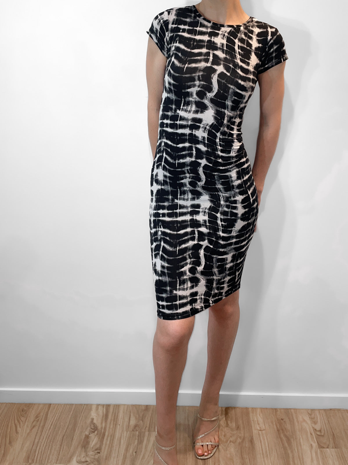 Stretch Jersey Bodycon Dress in Black & White Abstract