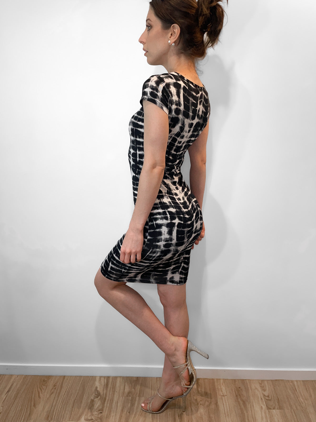 Stretch Jersey Bodycon Dress in Black & White Abstract