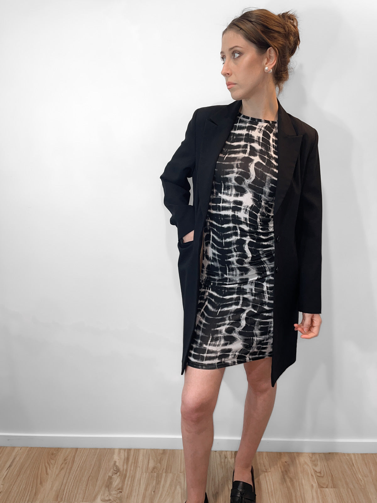 Stretch Jersey Bodycon Dress in Black & White Abstract