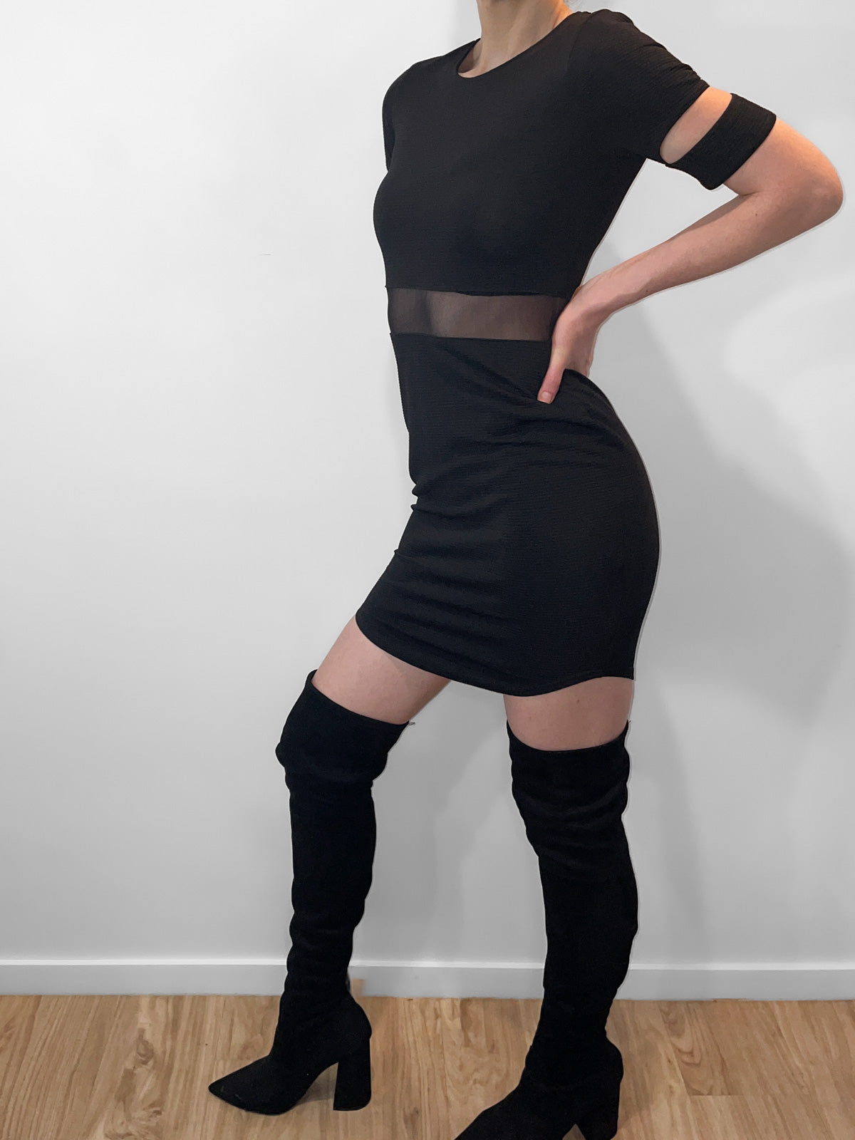 Ribbed Bodycon Mesh Cutout Dress in Black