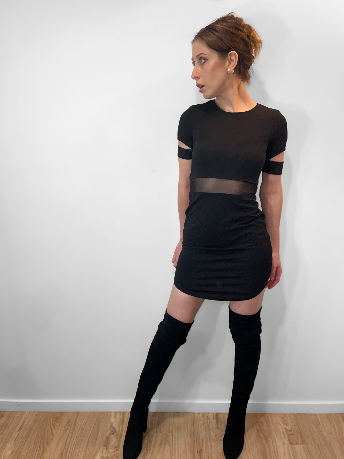 Ribbed Bodycon Mesh Cutout Dress in Black