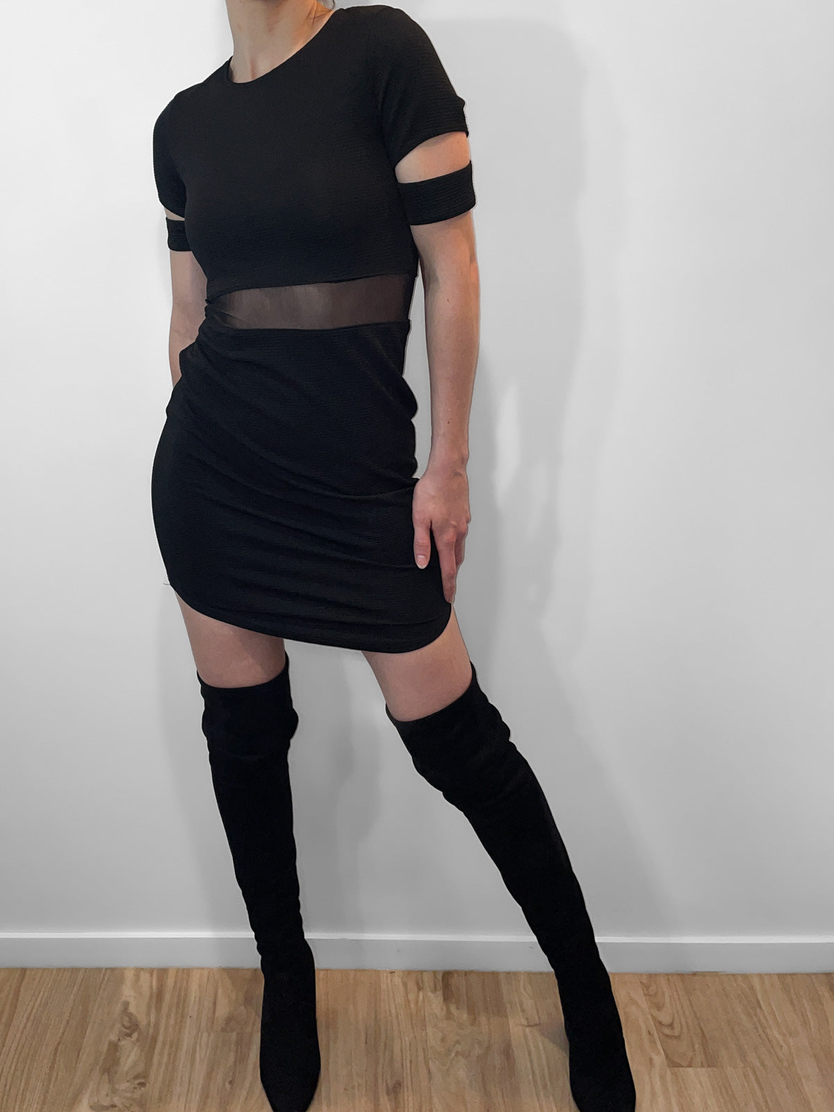 Ribbed Bodycon Mesh Cutout Dress in Black