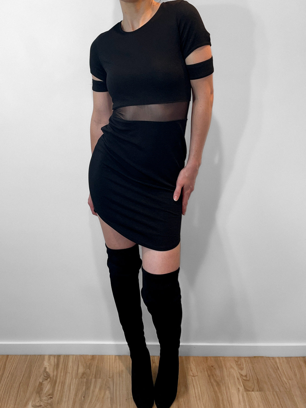 Ribbed Bodycon Mesh Cutout Dress in Black