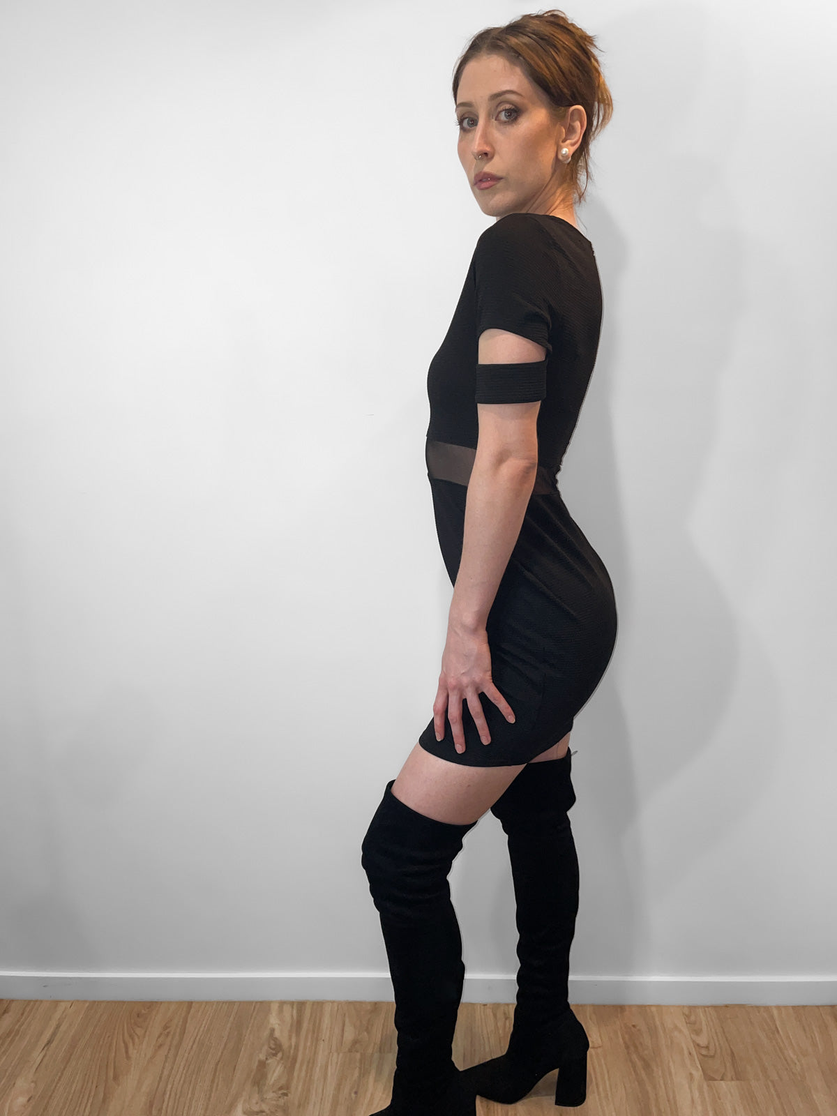 Ribbed Bodycon Mesh Cutout Dress in Black