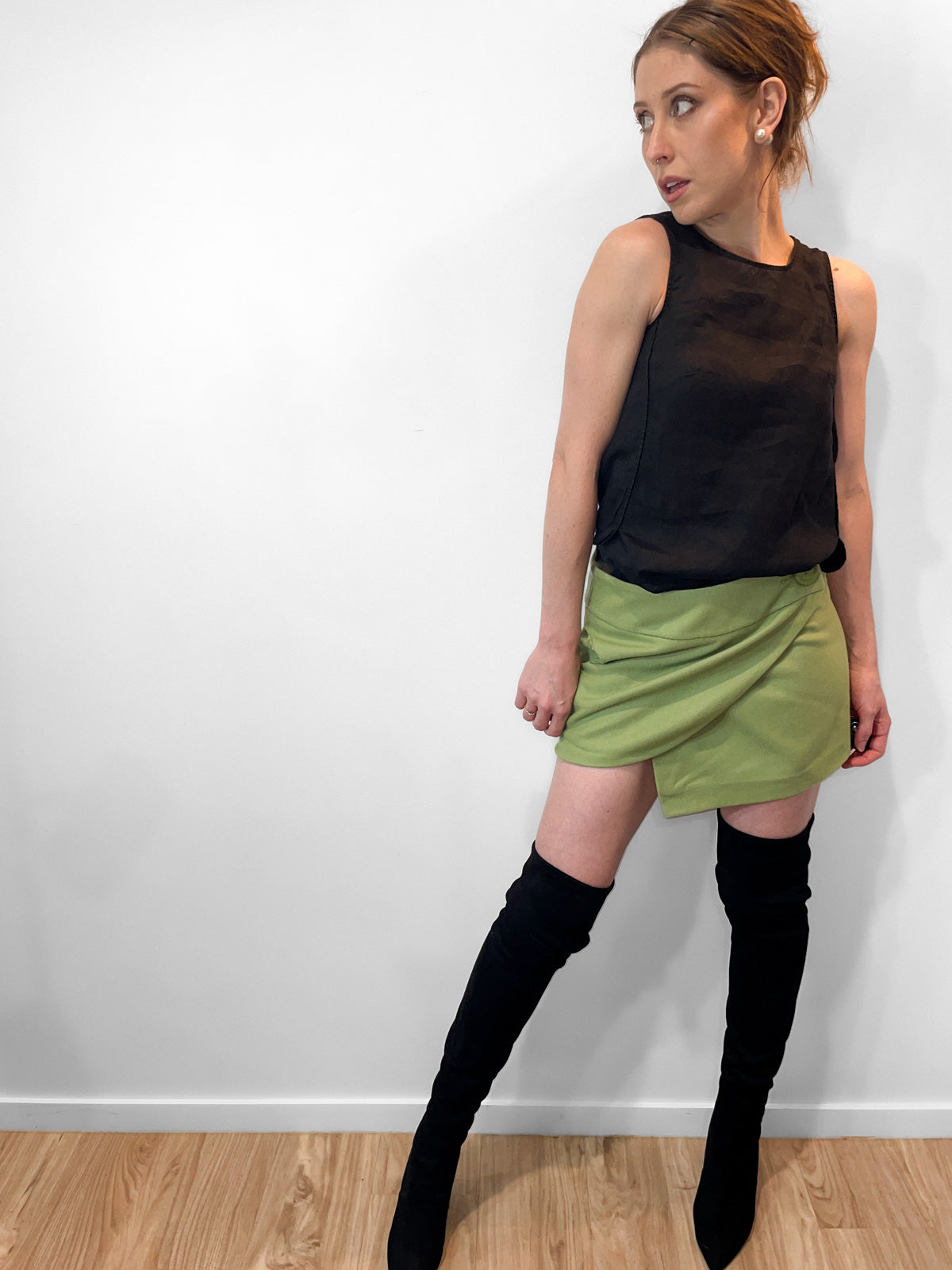 Woollen Mod Mini Wrap Skirt in Chartreuse Green