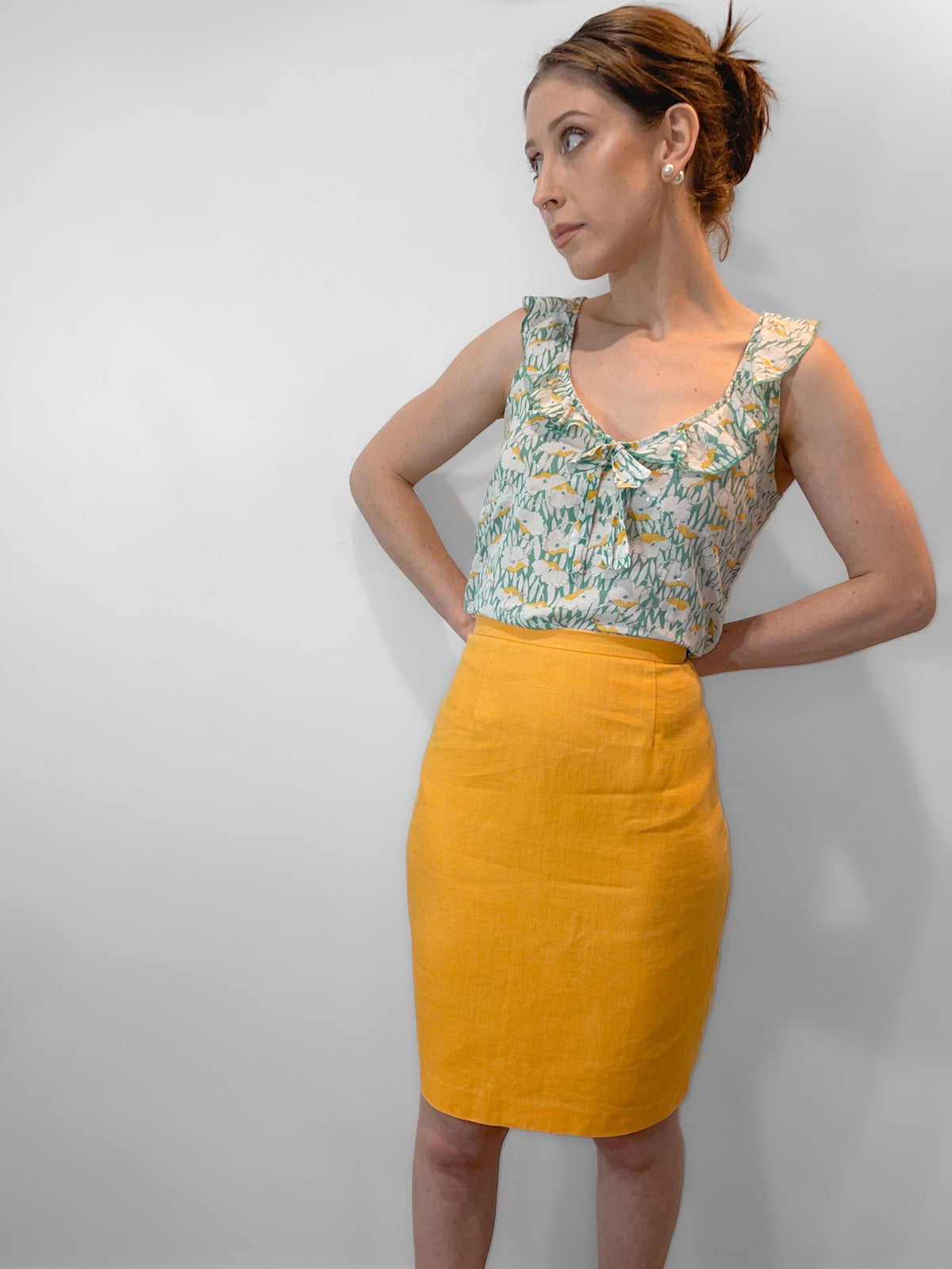 Golden Yellow Mustard Linen Pencil Skirt