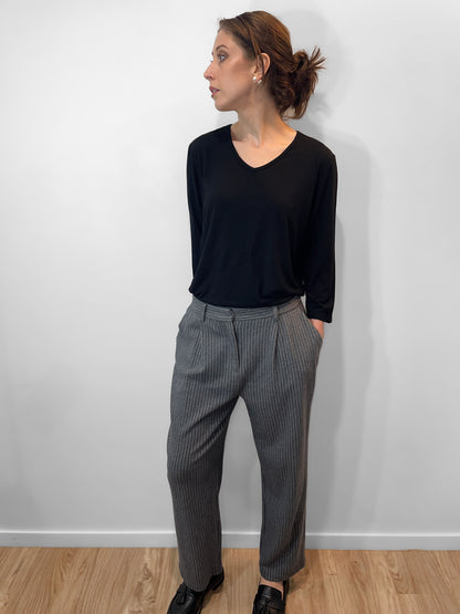 Pinstripe Grey Knit Soft Wool & Cotton Trousers