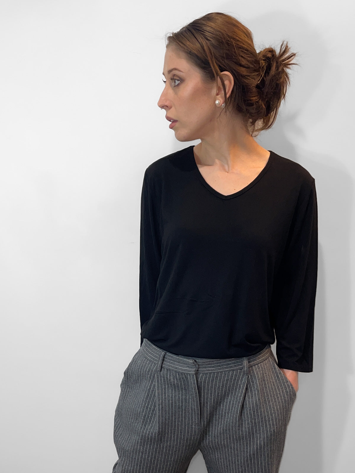 Black Bamboo Three Quarter Sleeve V Neck Top