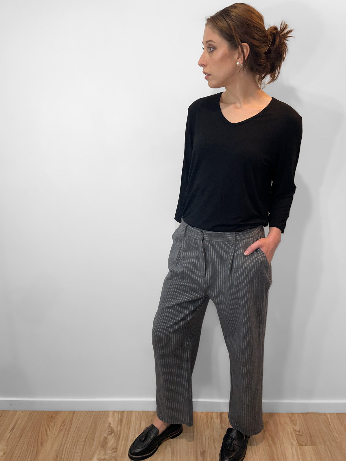 Pinstripe Grey Knit Soft Wool & Cotton Trousers