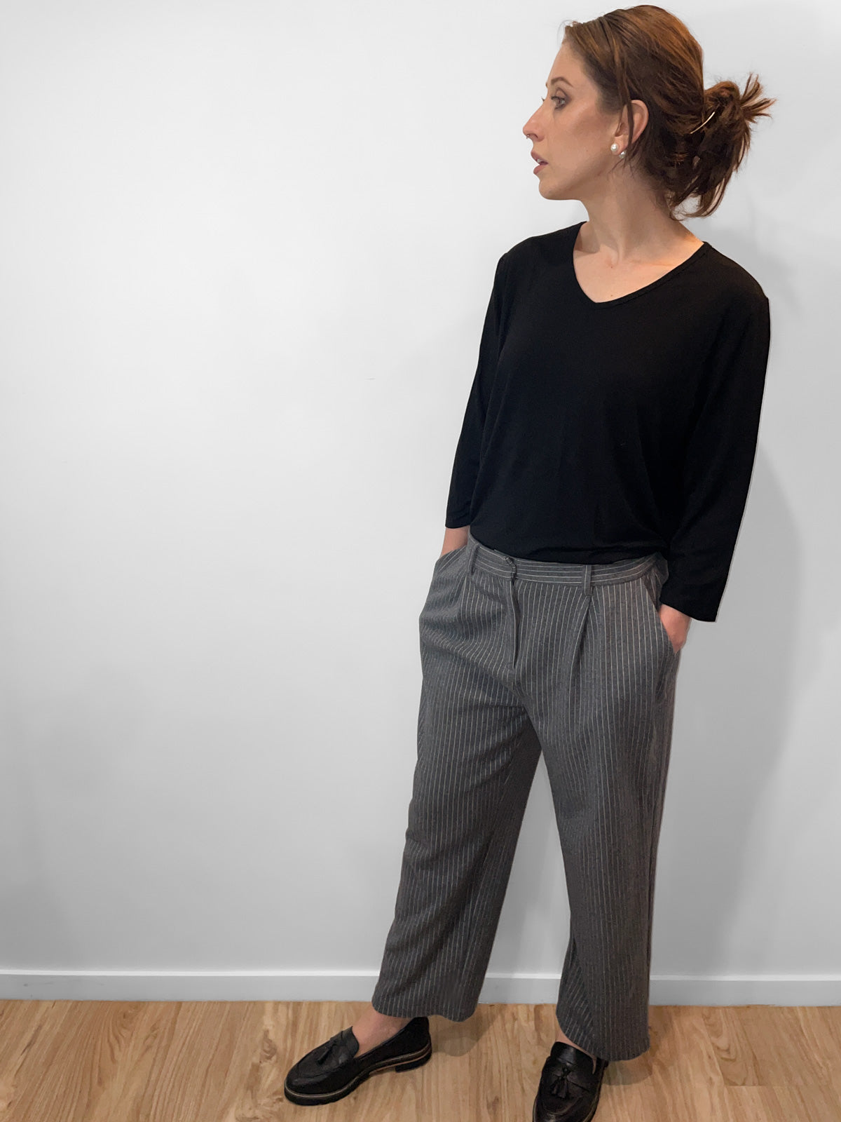 Pinstripe Grey Knit Soft Wool & Cotton Trousers