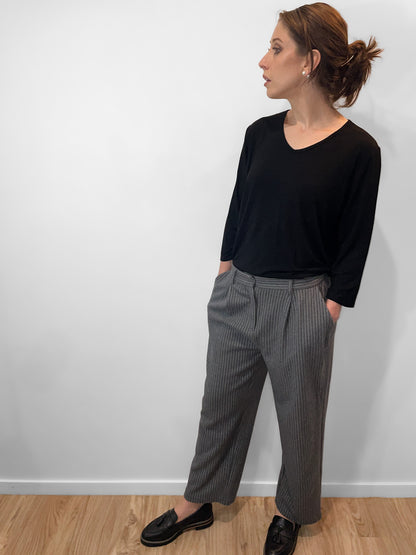 Pinstripe Grey Knit Soft Wool & Cotton Trousers