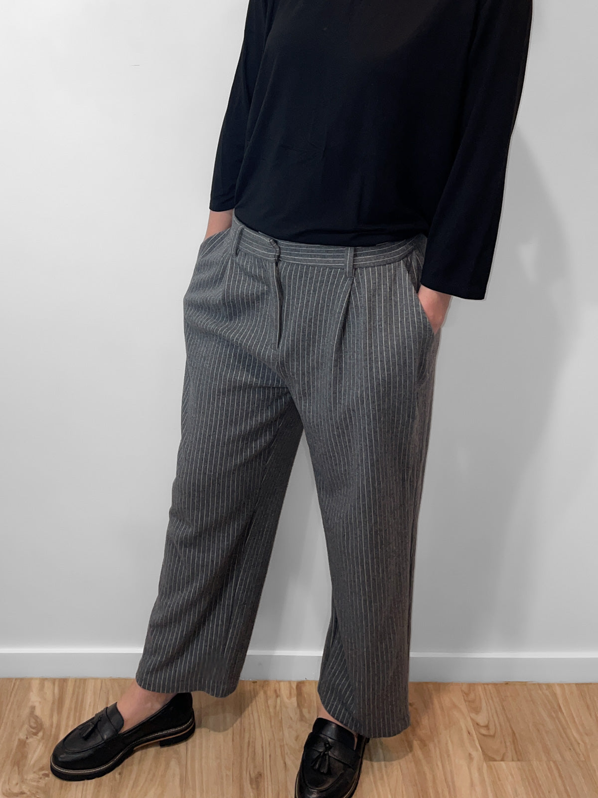 Pinstripe Grey Knit Soft Wool & Cotton Trousers
