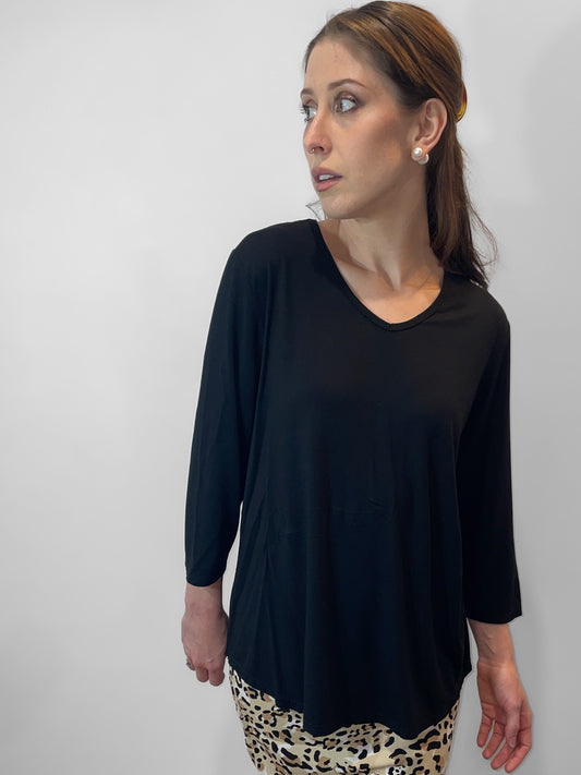 Black Bamboo Three Quarter Sleeve V Neck Top
