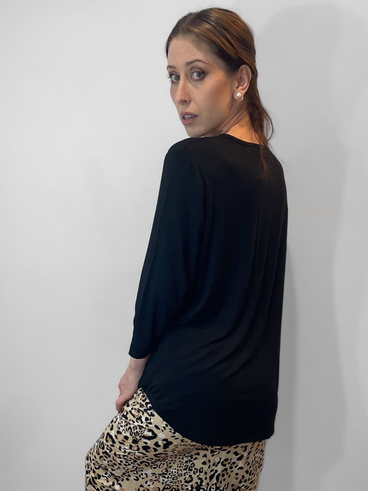 Black Bamboo Three Quarter Sleeve V Neck Top