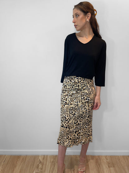 Bias Cut Midi Skirt in Leopard Print