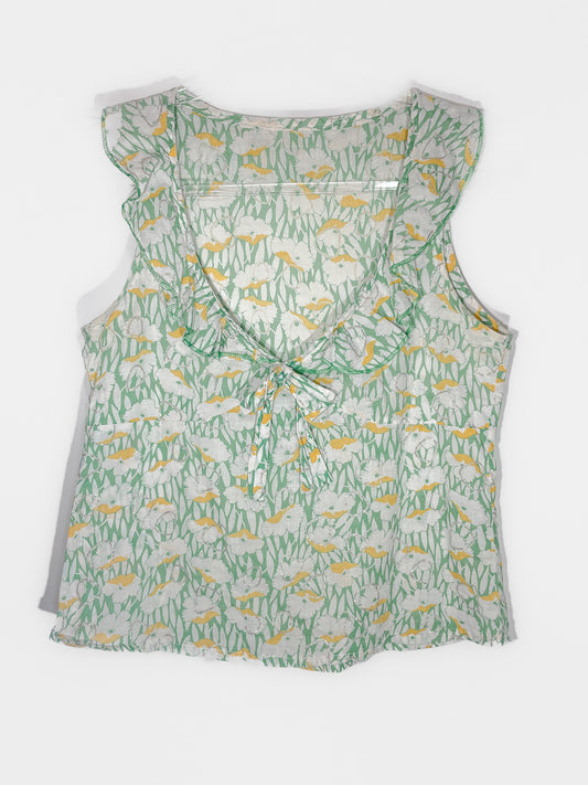 Lightweight Green & Yellow Floral Ruffle Neck Blouse
