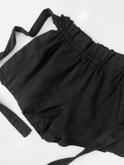 Black Linen Paper Bag Shorts