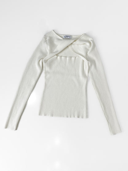 Twist Neck Ribbed Knit Top in Ivory