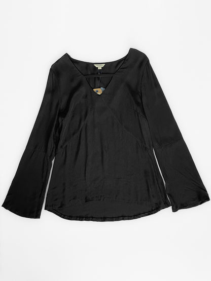 Bell Sleeve V Neck Cutout Silky Crepe Top in Black
