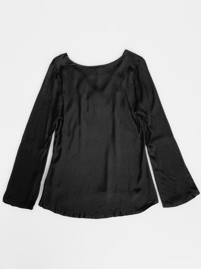 Bell Sleeve V Neck Cutout Silky Crepe Top in Black
