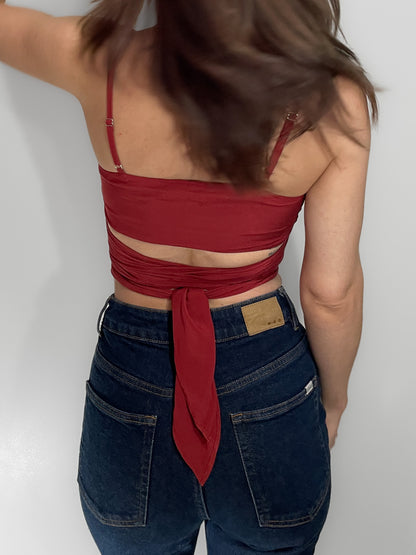 Rust Red Silky Wrap Around Tie Up Cami Top