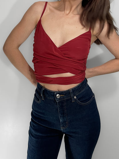 Rust Red Silky Wrap Around Tie Up Cami Top