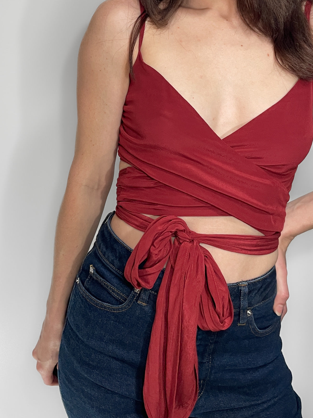 Rust Red Silky Wrap Around Tie Up Cami Top