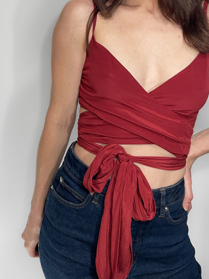 Rust Red Silky Wrap Around Tie Up Cami Top
