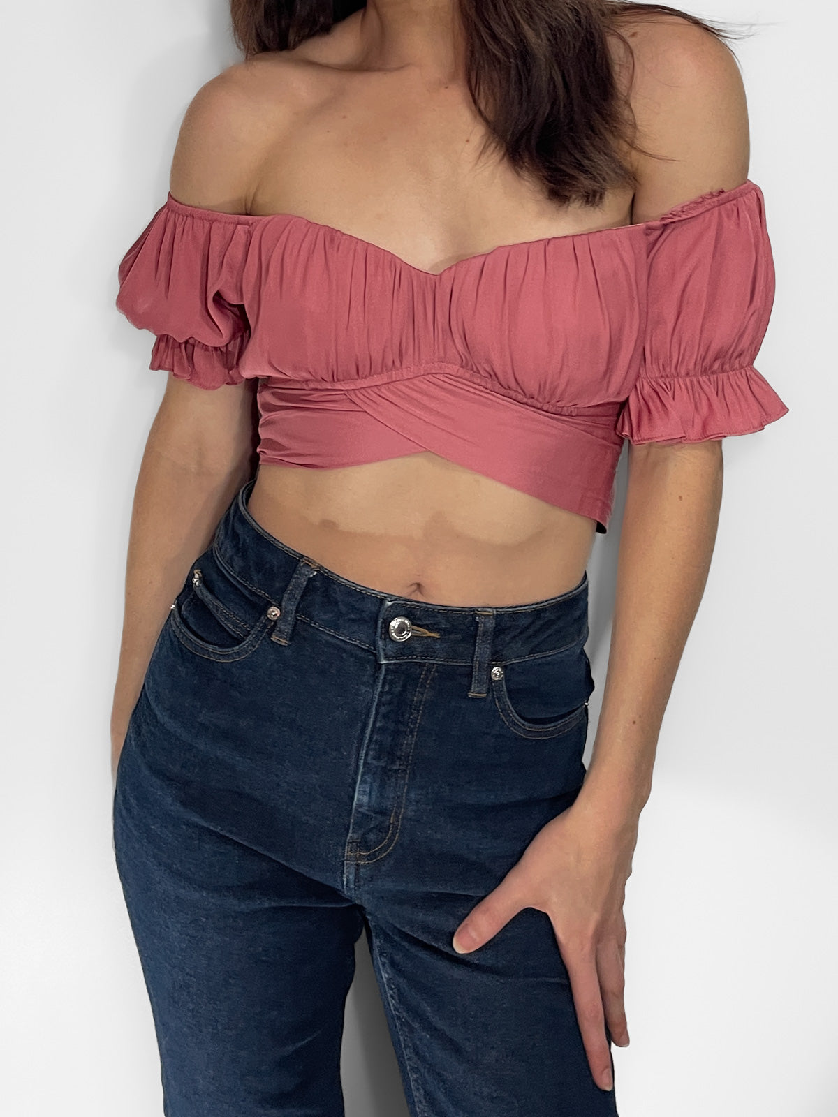 Silky off shoulder wrap crop top in dusty rose pink