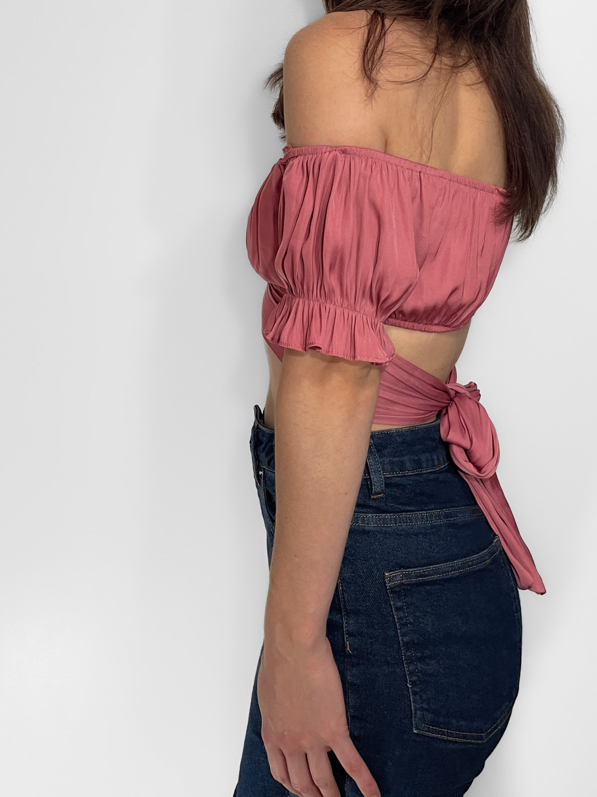 Silky off shoulder wrap crop top in dusty rose pink