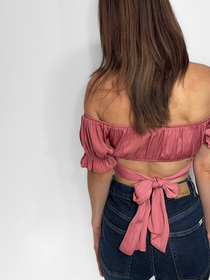 Silky off shoulder wrap crop top in dusty rose pink