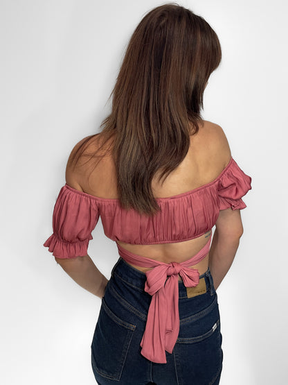 Silky off shoulder wrap crop top in dusty rose pink