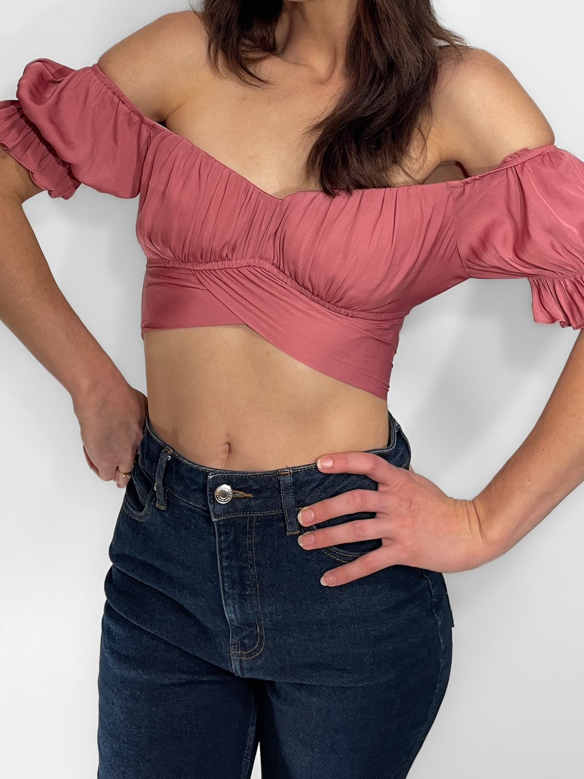 Silky off shoulder wrap crop top in dusty rose pink