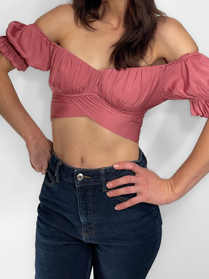 Silky off shoulder wrap crop top in dusty rose pink