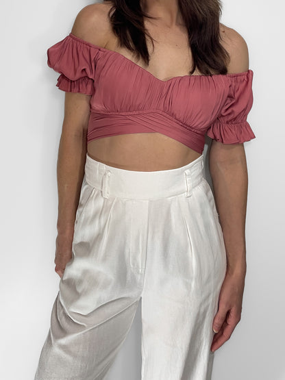 Silky off shoulder wrap crop top in dusty rose pink