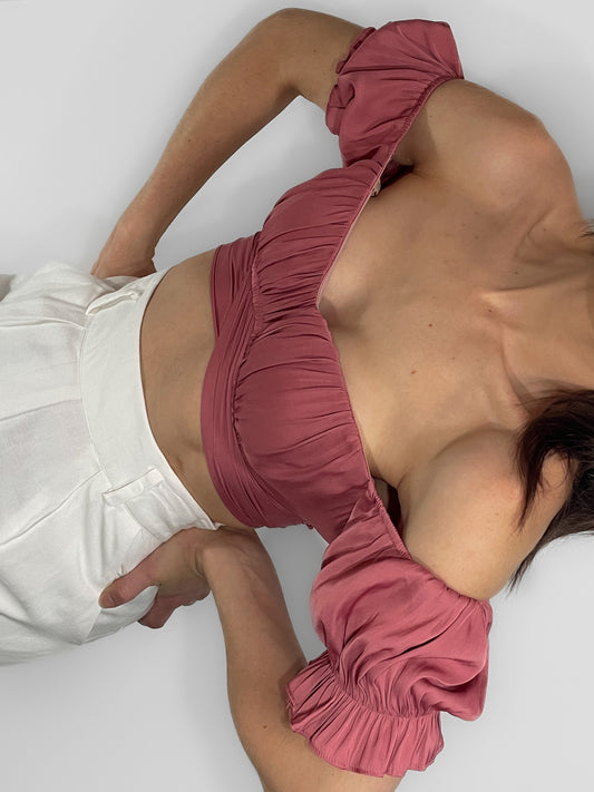 Silky off shoulder wrap crop top in dusty rose pink