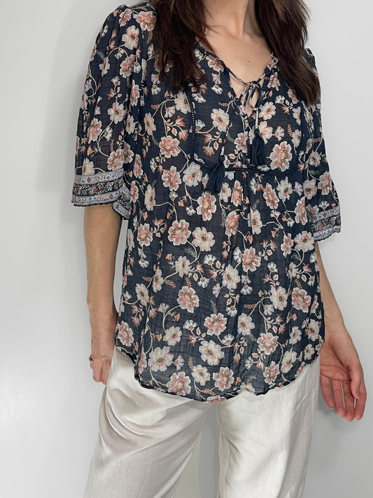 Jacobean Floral Cotton & Linen Blouse