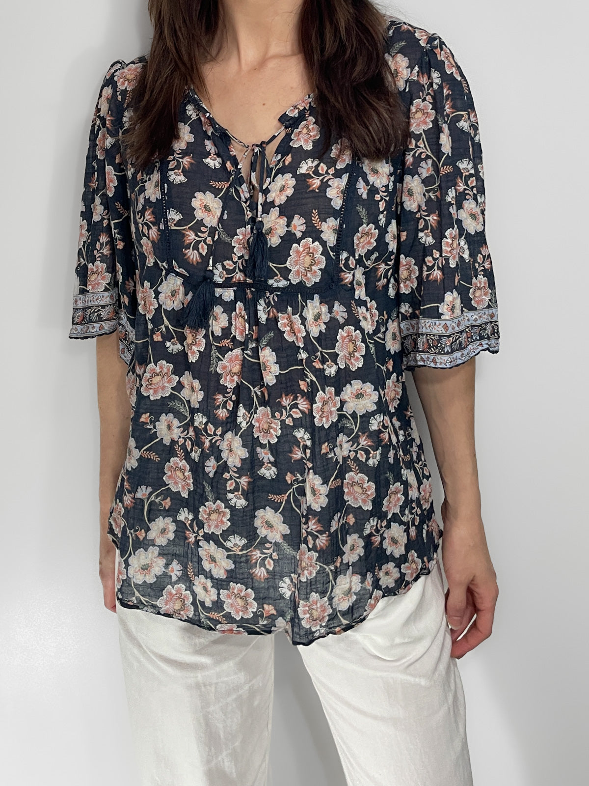 Jacobean Floral Cotton & Linen Blouse