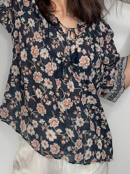 Jacobean Floral Cotton & Linen Blouse