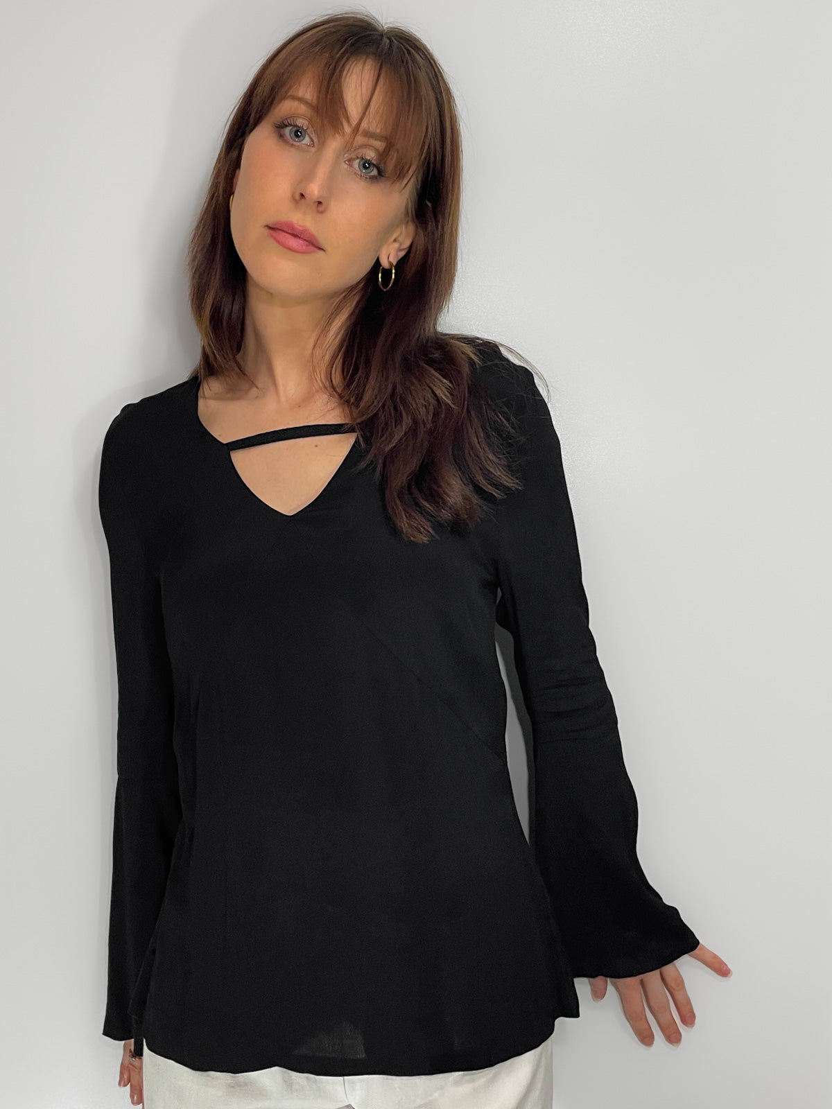 Bell Sleeve V Neck Cutout Silky Crepe Top in Black