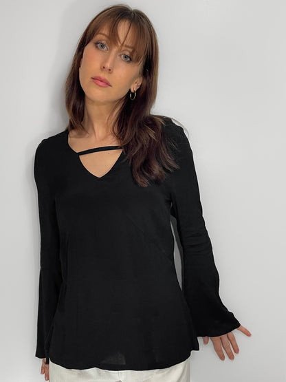 Bell Sleeve V Neck Cutout Silky Crepe Top in Black
