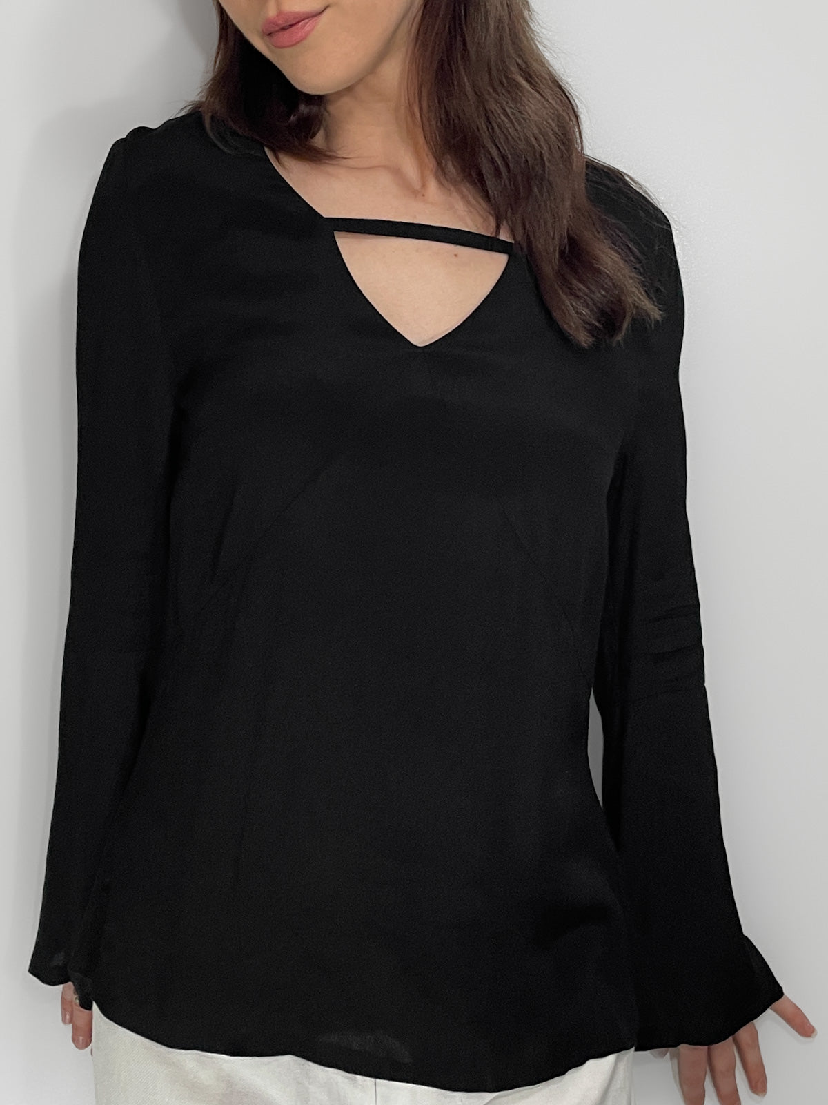 Bell Sleeve V Neck Cutout Silky Crepe Top in Black