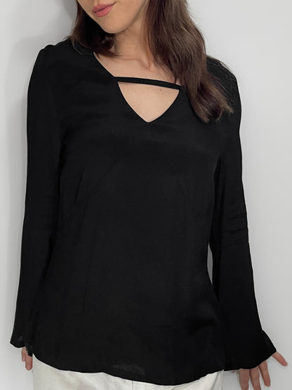 Bell Sleeve V Neck Cutout Silky Crepe Top in Black