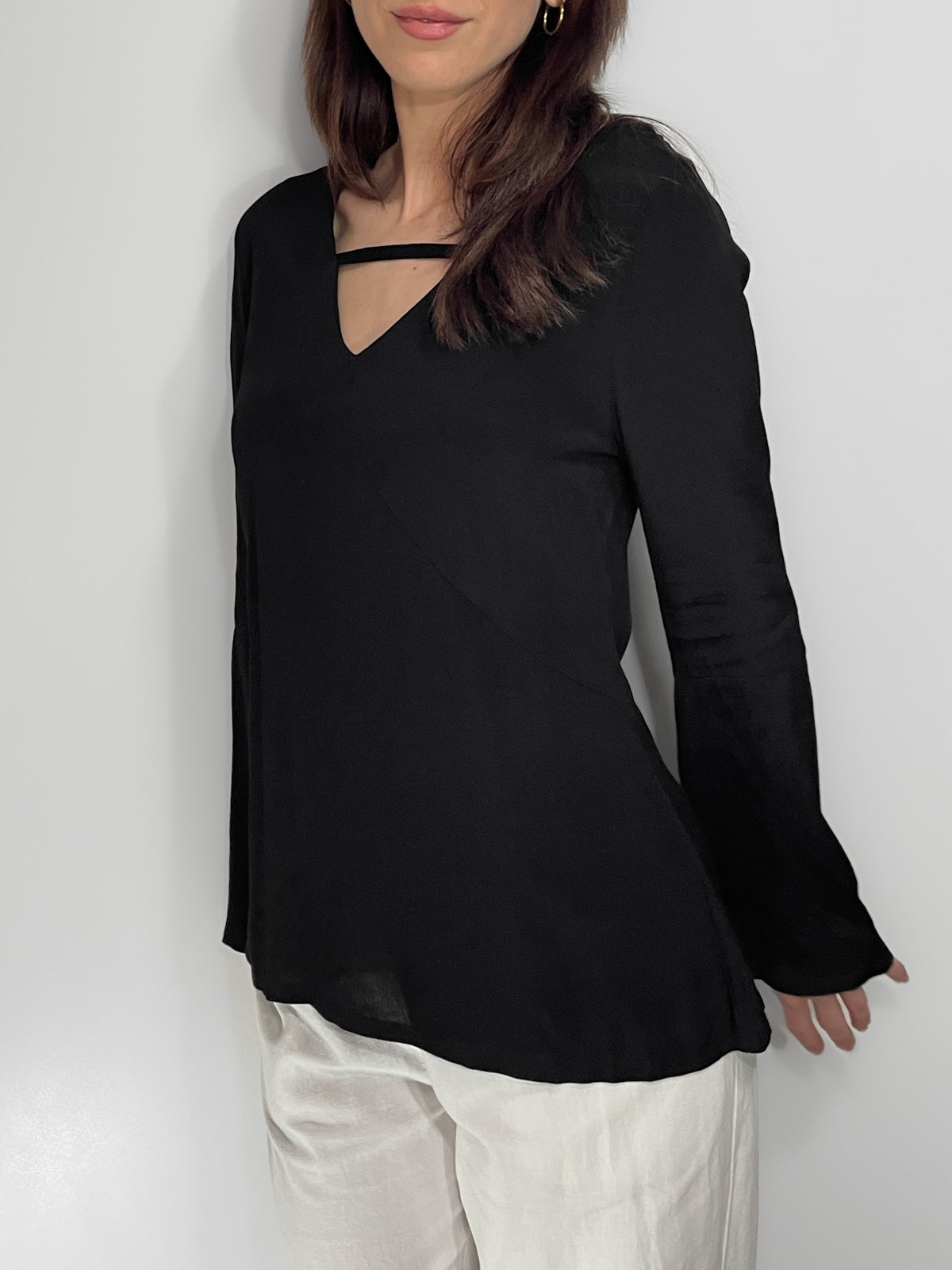 Bell Sleeve V Neck Cutout Silky Crepe Top in Black